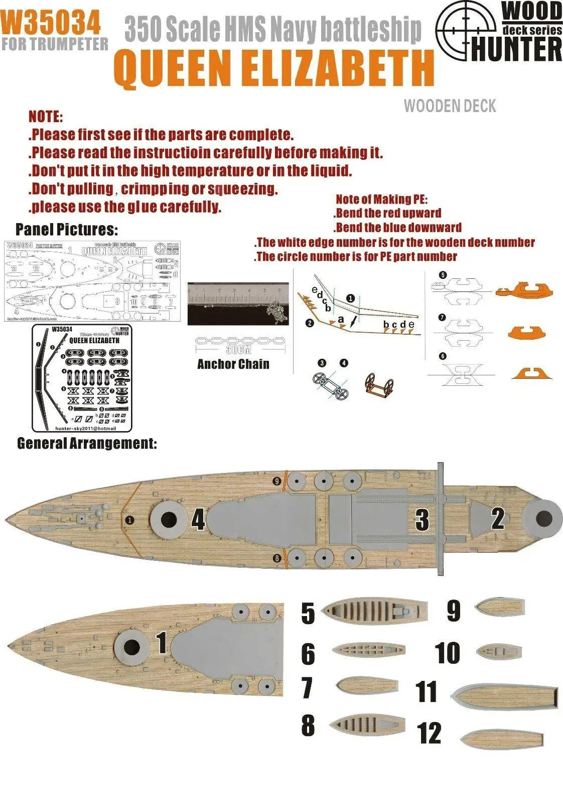 Hunter 1/350 W35034 Ponte In Legno Hms Queen Elizabeth Per Trombettista Di Alta Qualità