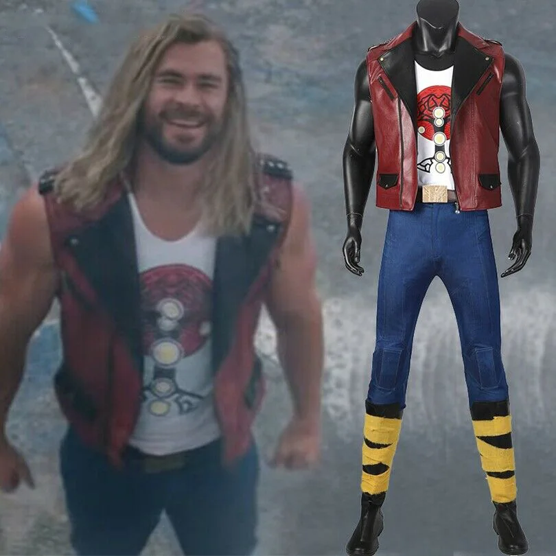 Movie & Tv Thor: Love And Thunder Thor Costume Cosplay Men Punk Red Leather Jacket Shirt Jeans Halloween Carnival Uniform Sets