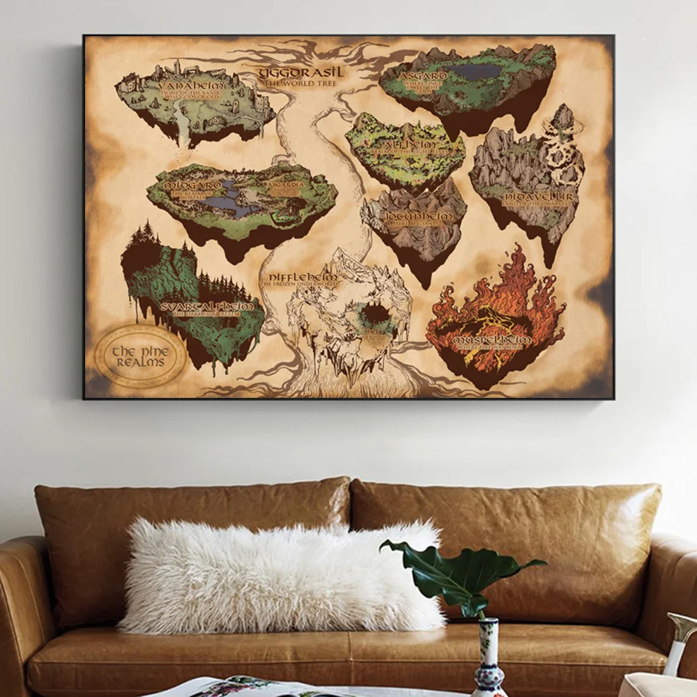 Mito Norreno Nine Realms Map Thor Poster E Stampe Di Film Asgard E Midgard World Tree Picture On Wall Art Canvas Painting