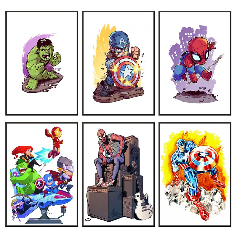 Marvel Avengers Art Poster Cartoon Acquerello Canvas Painting Thor Iron Man Hulk Picture Cute Murale For Baby Bedroom Decoration