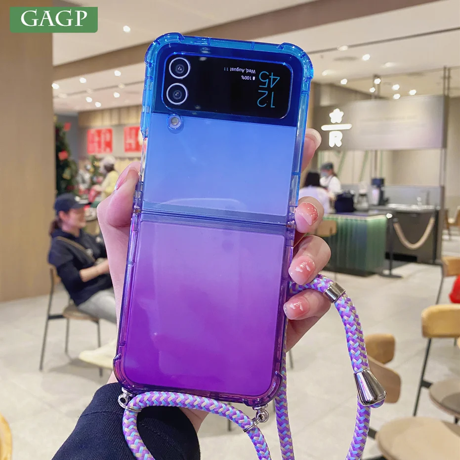 Luxury Gradient Airbag Pc Tpu Shockproof Case For Samsung Galaxy Z Flip 4 3 Cases With Strap Crossbody Necklace Chain Rope Cord