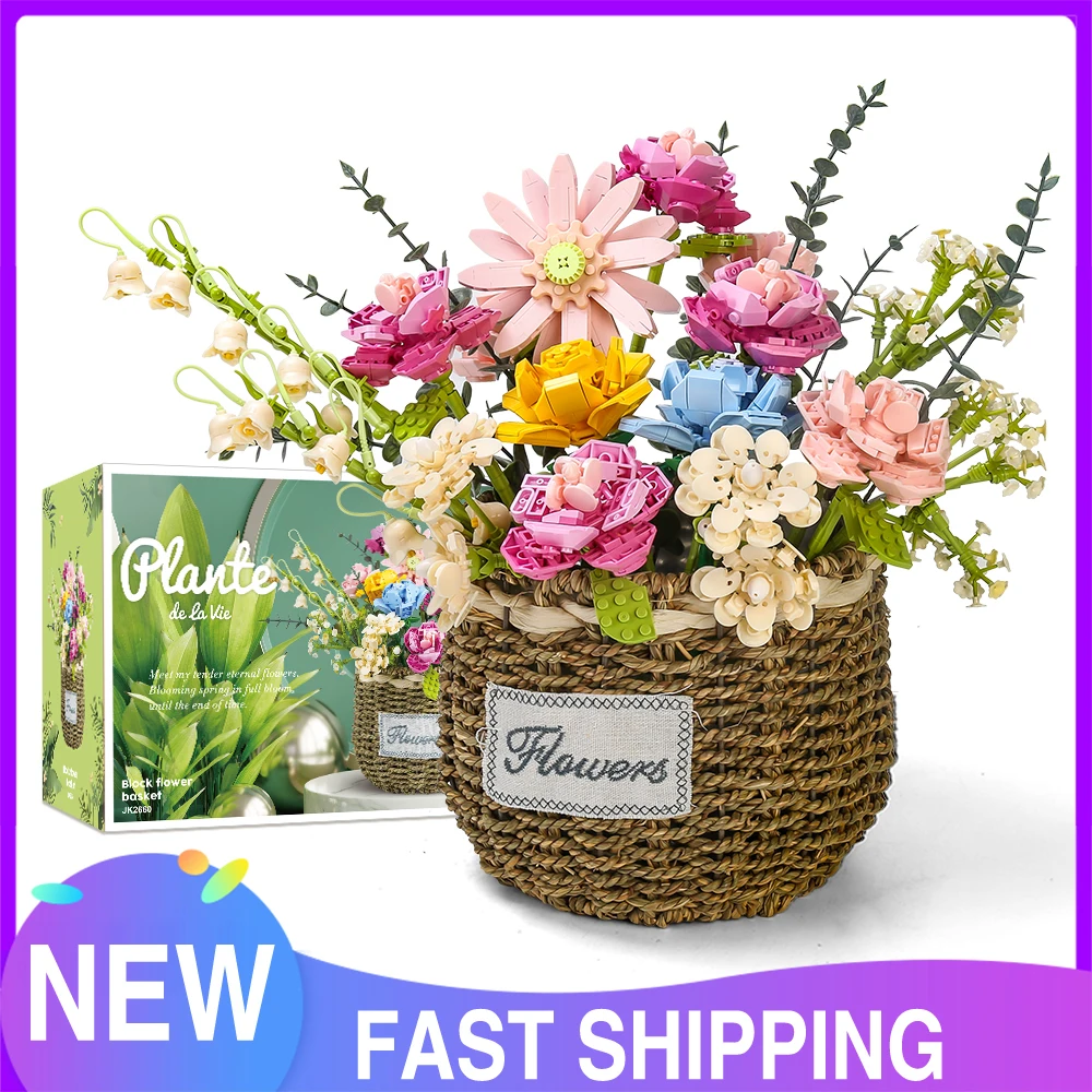 Jaki Flower Bouquet Building Block The Moc Colorful Rose Orchid And Gerbera Con Flower Basket Model Toys Regalo Di Natale Per Bambini