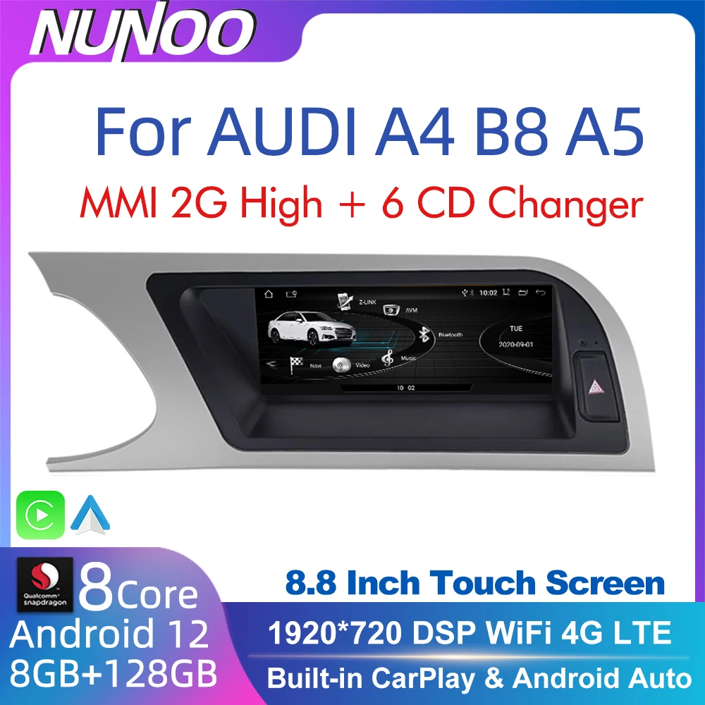 Android 12 8 + 128Gb Carplay Per Audi A4 B8 A5 2008 2009 2010 Mmi 2G High Cd Changer Car Multimedia Player Stereo Gps Navi Screen
