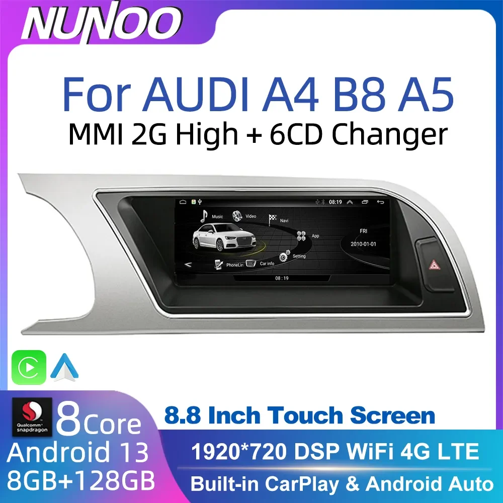 Android 13 8 + 128Gb Carplay Per Audi A4 B8 A5 2008 2009 2010 Mmi 2G High Cd Changer Car Multimedia Player Stereo Gps Navi Screen