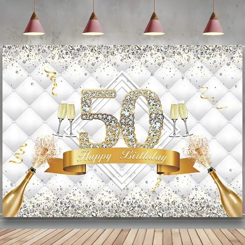 Happy 50Th Birthday Fondale Oro Argento Glitter Sfondo Champagne Decorazioni Per Feste Diamante 50 Anni Banner Puntelli Da Studio