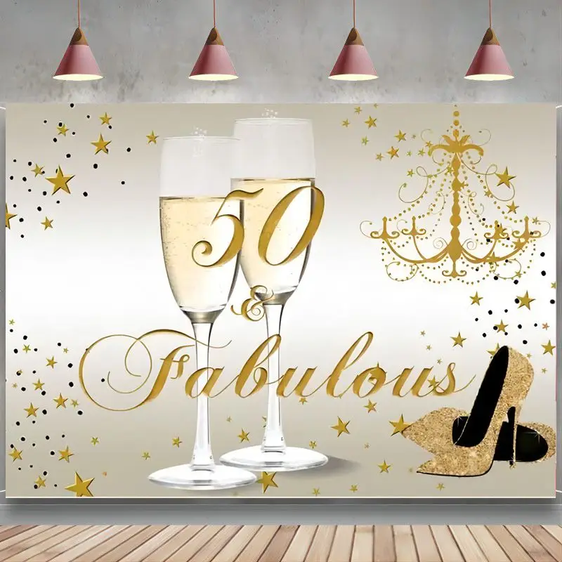 Oro Happy 50Th Birthday Fondale Decorazioni Favolose Banner Glitter Tacchi Alti Bicchieri Da Champagne Fifty Sfondo Puntelli Da Studio