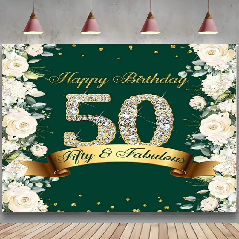 Happy 50Th Birthday Fondale Donna Fifty Photography Background Floral Green Silver Shining Diamons Gold Party Banner Decoration