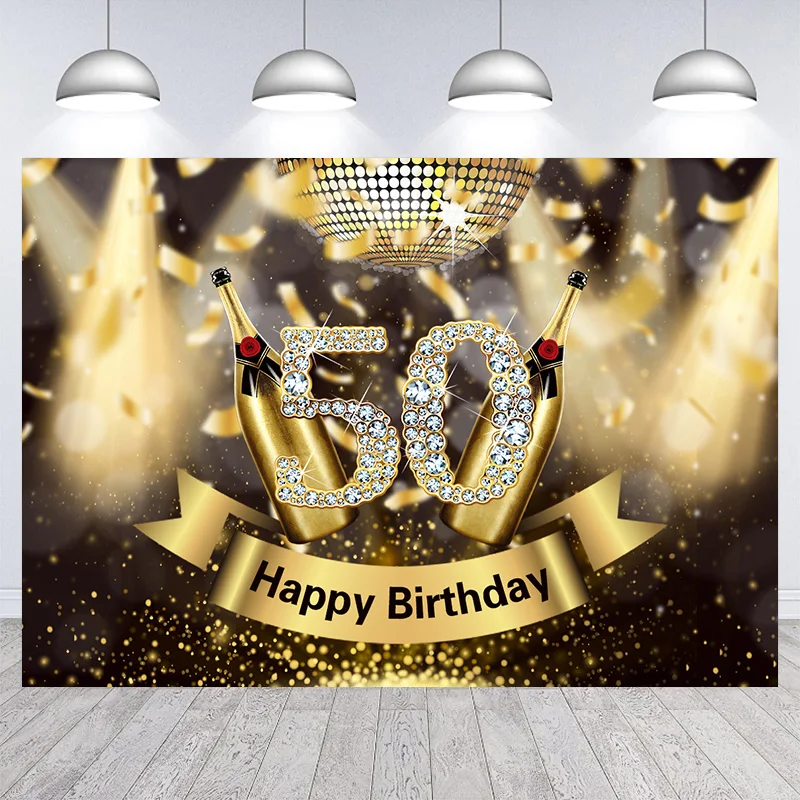 Happy 50Th Birthday Fondale Glitter Bokeh Black Gold Champagne 50 Anni Sfondo Fifty Bday Party Banner Per Uomo Donna