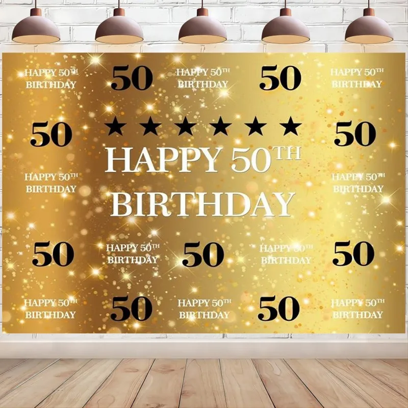 Happy 50Th Birthday Fondale Decorazione In Oro Fifty Adults Men 50 Anni Banner Shiny Star Spots Golden Photography Background