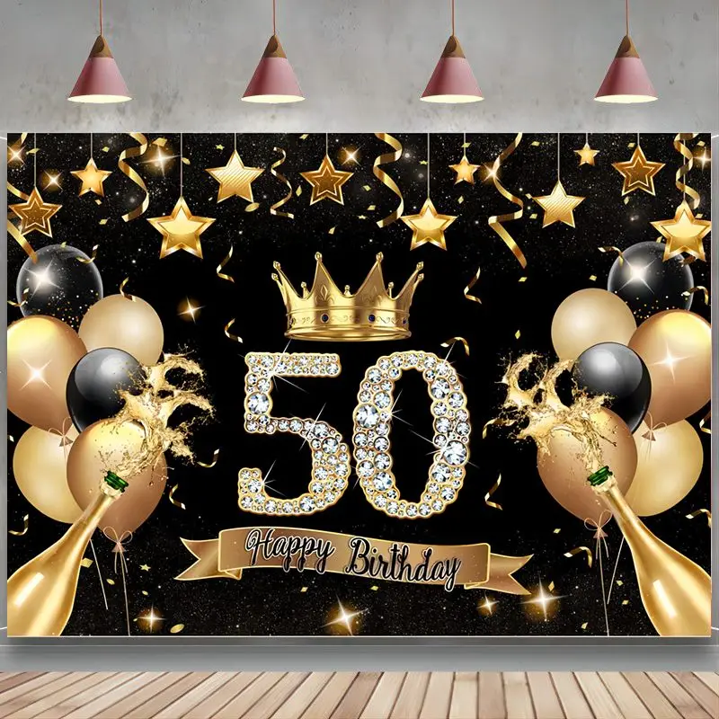 Happy 50Th Birthday Fondale Glitter Palloncini In Oro Nero Champagne 50 Anni Sfondo Decorazioni Per Striscioni Con Diamanti Scintillanti