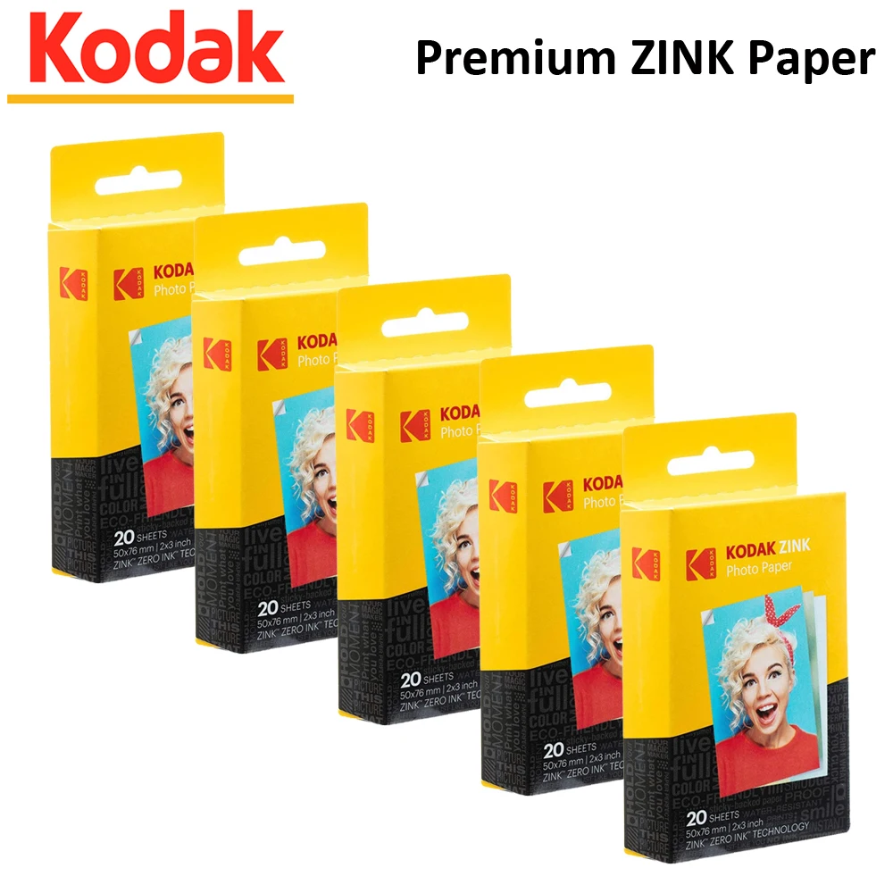 Kodak 2 "X 3" Premium Zink Photo Paper 20/40/60/80/100 Fogli Compatibili Con Kodak Smile, Kodak Step, Printomatic
