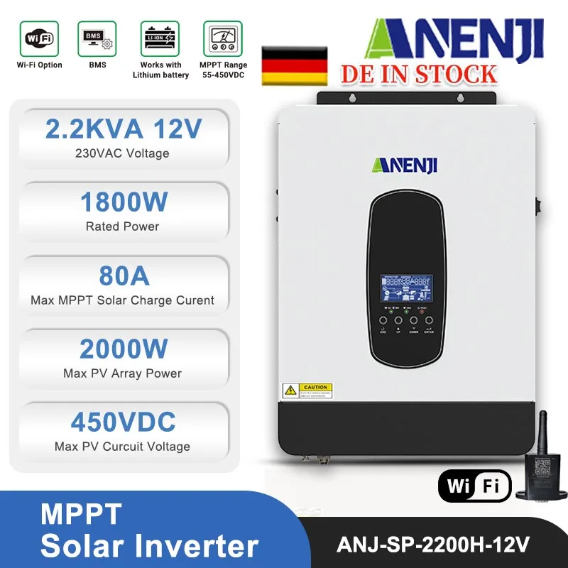 2.2Kva 1800W Inverter Solare Ibrido 12V 230V Mppt Off Grid Inverter Solare Onda Sinusoidale Pura Pv55-450Vdc 80A Regolatore Di Carica Solare