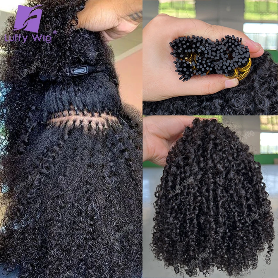 Double Drawn I Tip Hair Extensions 100% Real Itip Human Hair Remy Mongolo Afro Crespo Ricci Fusion Fasci Di Capelli Per Le Donne Nere