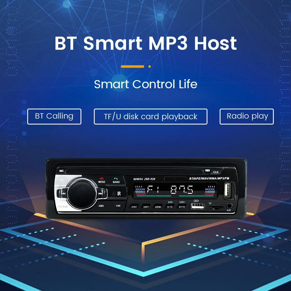 Jsd-520 1 Din Mp3 Car Stereo Radio Player Audio Smart Bt Aux Input Lossless Music Tf Card Phone Charging Radio Fm Usb Autoradio