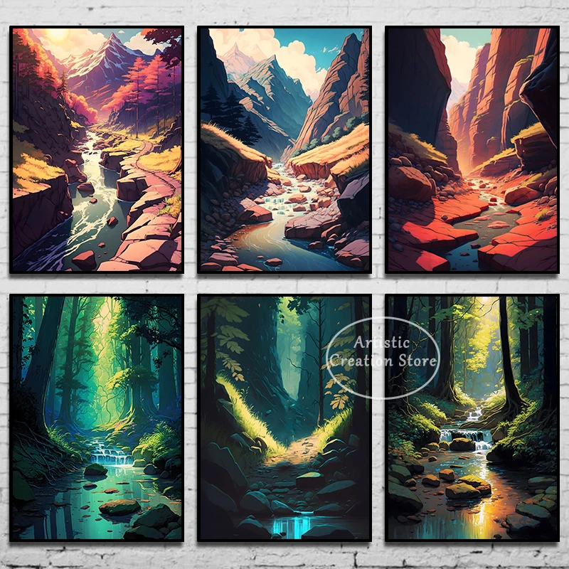 Stream Through The Woods Cartoon Forest Poster Canvas Painting Prints Wall Picture Nordic Living Room Wall Art Room Decor Gifts