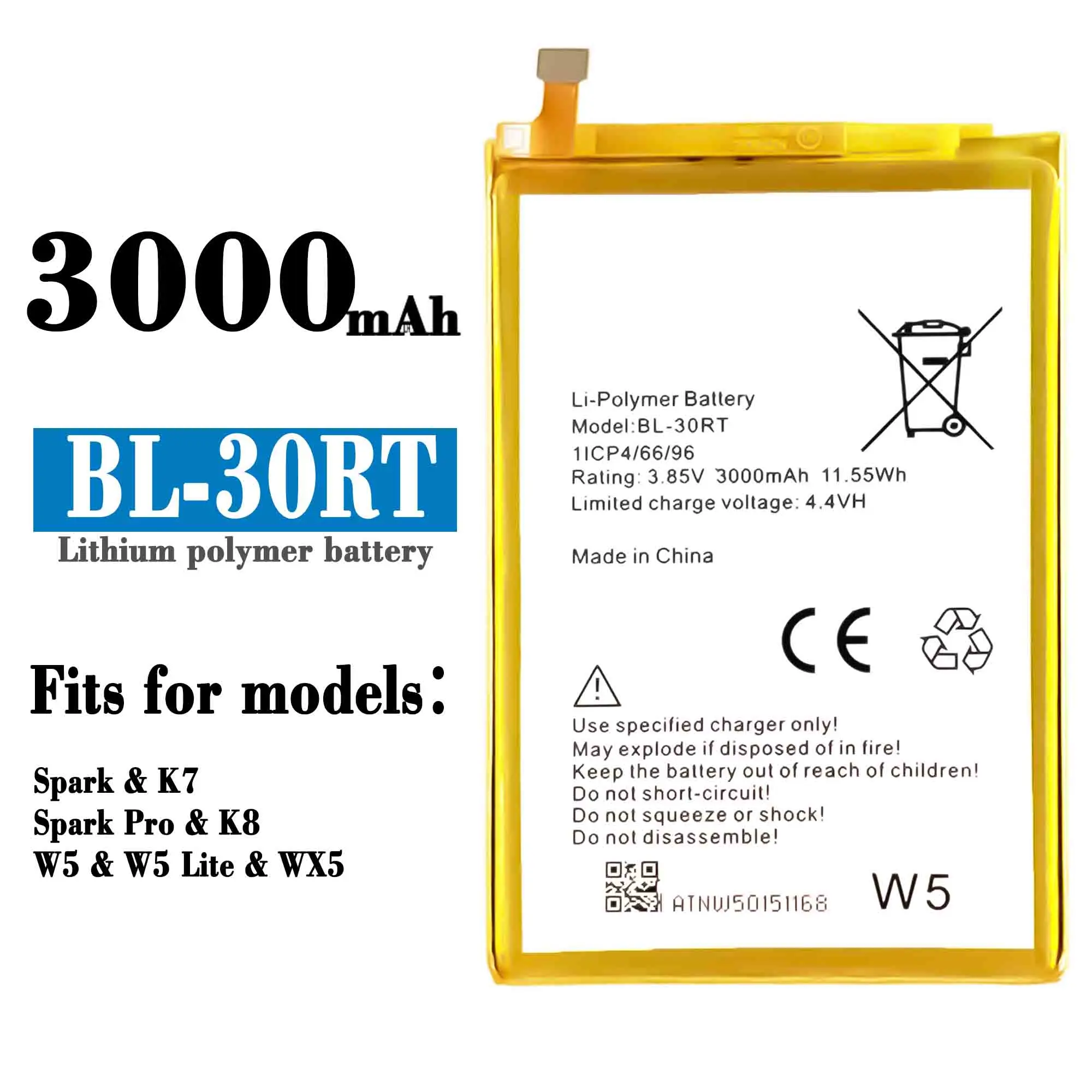 Compatibile Per Le Serie Della Batteria Del Telefono Di Tecno / W5 Lite/W5/K7/K8/Wx5 Bl-30Rt 3000Mah