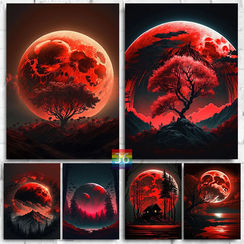 Red Moon Forest Dark Poster Canvas Printing Abstract Forest Wall Decor Decorazione Della Parete Scura Red Moon Wall Art Picture Home Bar