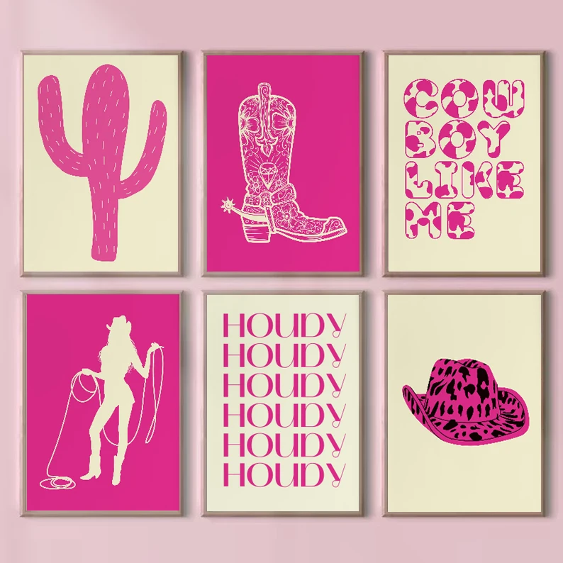 Minimalista Pink Rodeo Western Cowgirl Quotes Fashion Hat Boots Poster Canvas Painting Wall Art Pictures Home Room Decor Gift