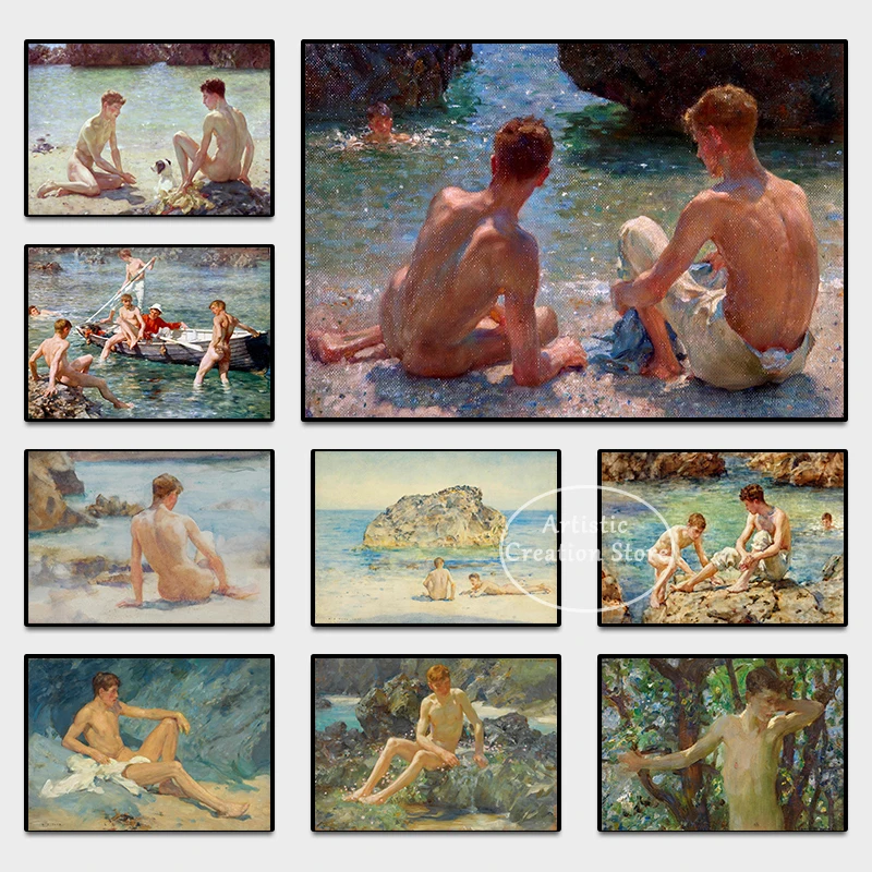 Vintage Gay Nude Man Art The Bathers By Henry Scott Tuke Prints Famoso Dipinto Su Tela Nordic Bedroom Immagini A Parete Home Decor