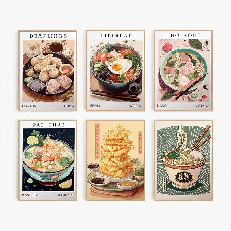 Asian Vietnam Food Bibimbap Gnocchi Noodles Poster Print Wall Art Pictures Canvas Painting Soggiorno Cucina Home Decor Gift