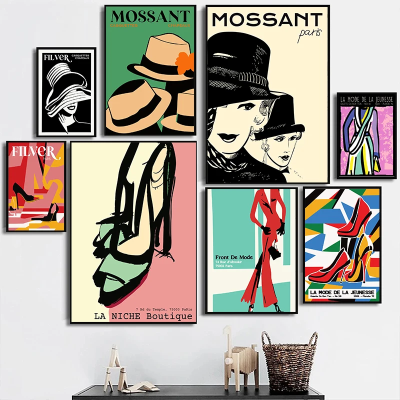 Retro Fashion French Art Poster Dress Drawing Shoe Store Donna Ritratti Canvas Painting Stampe Wall Art Picture Home Room Decor