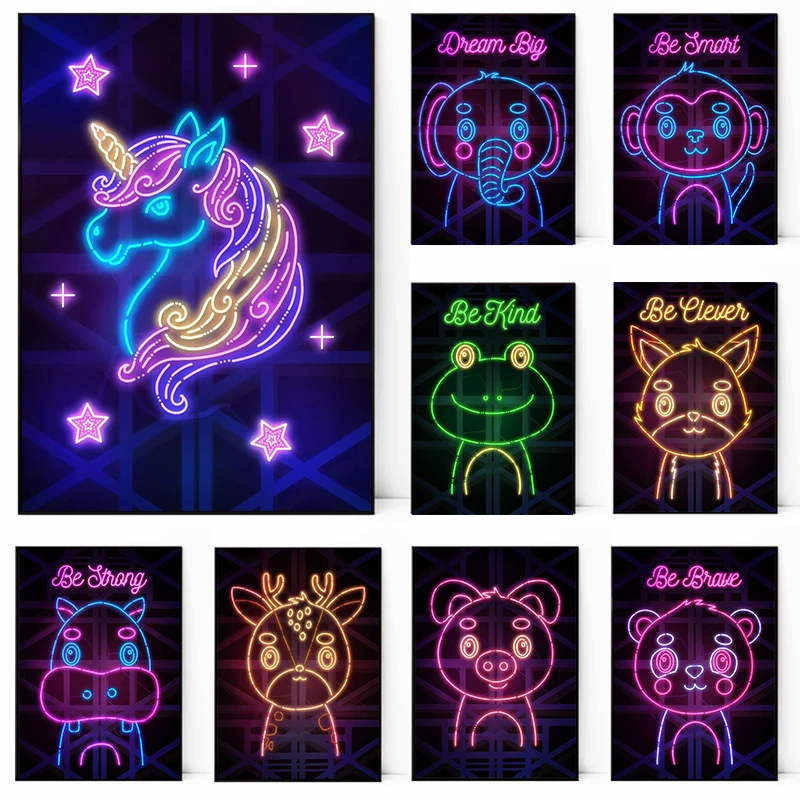 Camera Dei Bambini Neon Poster Animal Cute Elephant Unicorn Pig Rabbit Canvas Print Poster Wall Art Decoration Painting Home Decor