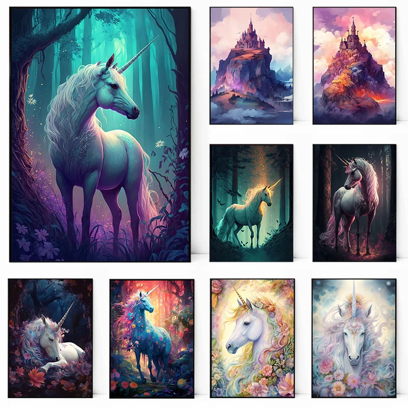 Unicorno Dream Poster Castle Forest Princess Unicorn Vintage Canvas Printing Wall Art Decoration Painting Home Room Decoration