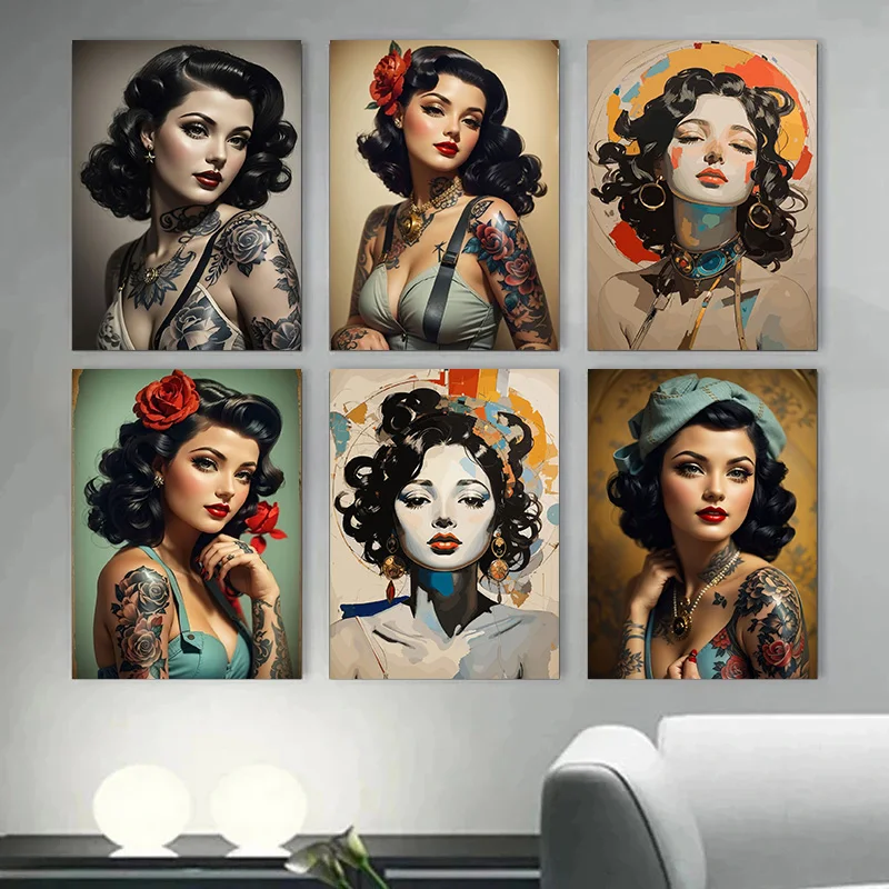 Vintage Temperament Pinup Girl Tattoo Woman Poster Print Wall Art Pictures Canvas Painting Soggiorno Camera Da Letto Home Decor Gift