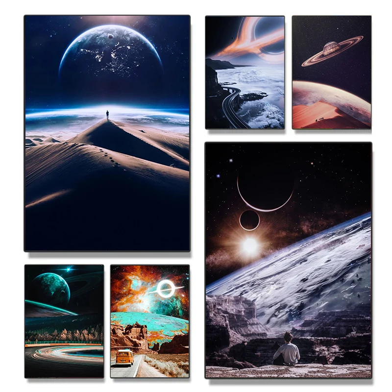 Universe Planet Galaxy Surreality Future Life Holiday Space Beach Dune Poster Canvas Painting Wall Art Pictures Home Decor