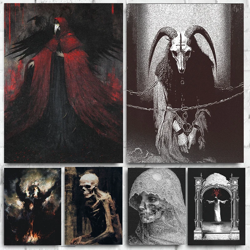 Black White Skull Demon Figure Poster E Stampe Demon Goat In Catene Corvi Canvas Painting Wall Art Picture Living Room Decor
