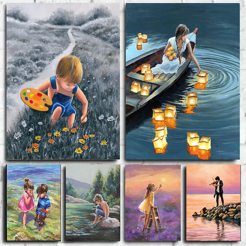 Bambini Field Girl Flower Country Landscape Poster Print Wall Art Pictures Canvas Oil Painting Camera Dei Bambini Camera Da Letto Home Decor