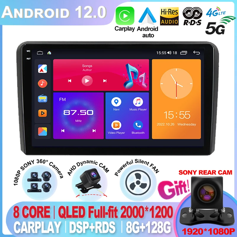 Per Audi A3 8P Rs3 Sportback 2003-2013 Carplay Android 12 Radio Mobil Pemutar Video Multimedia Untuk Navigasi Gps Audio Stereo