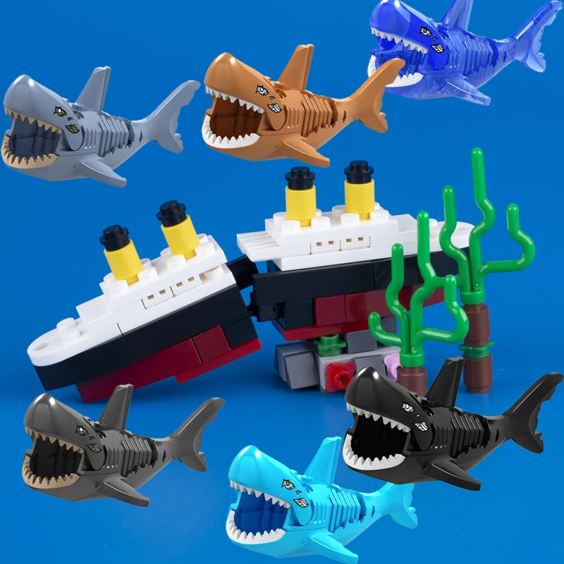 Moc Mondo Subacqueo Titanic Ship Building Blocks Relitto Mini Marine Animal Shark Parts City Diy Friends Mattoni Giocattoli Per Bambini