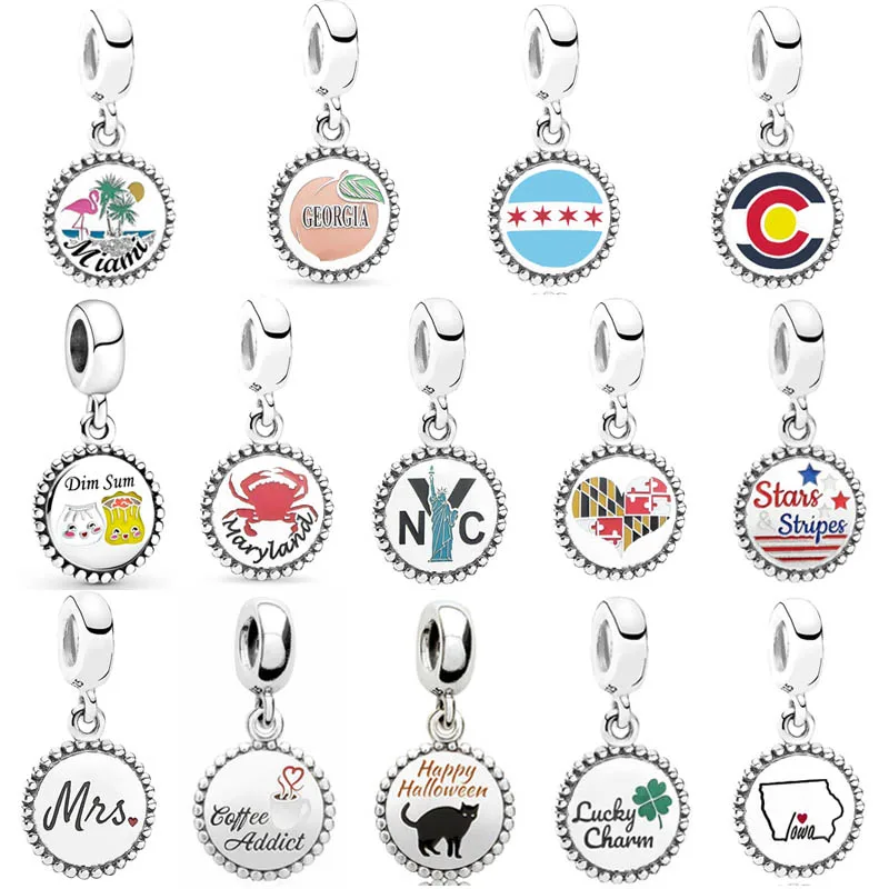925 Sterling Silver Charm Dim Sum Lucky Clover Miami Beach Georgia Coffee Addict Ciondolo Bead Fit Bracciale Gioielli Fai Da Te