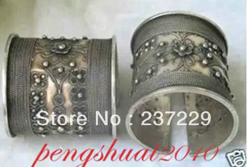 Wholesale Price 2 Pcs Rare Exquisite Tibet Mens Fancy Miao Silver Flower Cuff Open Bracelet
