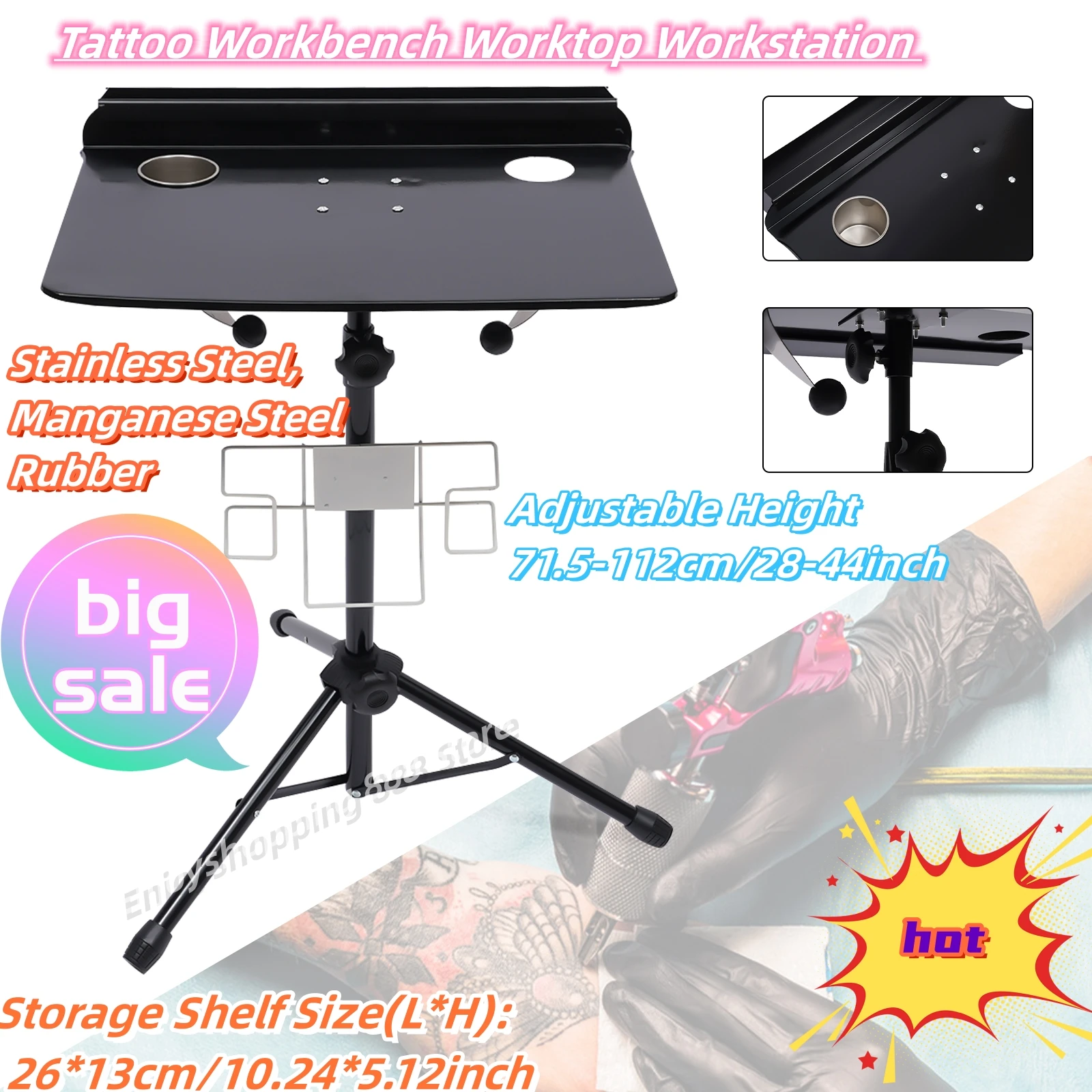 Banco Da Lavoro Portatile Per Tatuaggi Worktop Stand Workstation Per Beauty Barberia Altezza Regolabile 71.5-112Cm/28-44 Pollici