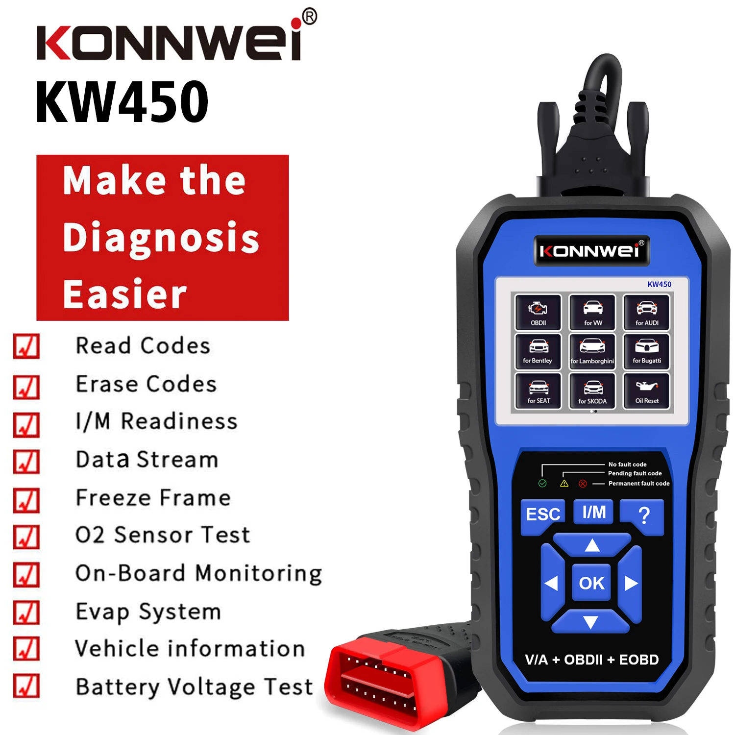 Konnwei Kw450 Full Systems Scanner Car Obd2 Strumento Diagnostico Per Vag Com Vw Audi Abs Airbag Oil Abs Epb Srs Tpms Reset Scanner
