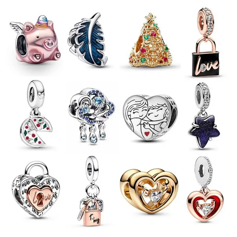 2023 New Fashion Charm Beaded Leaf Pig Love Heart Key Lock Star Fit Original Pandora Ladies Bracciale Jewelry Gift