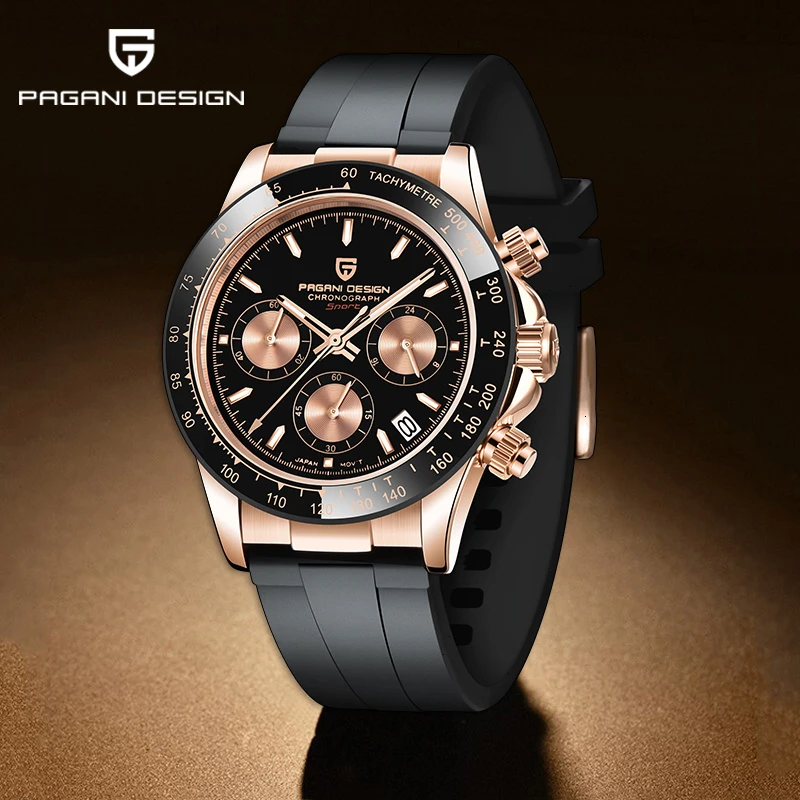 Pagani Design Seiko Vk63 Movimento Orologio Al Quarzo Da Uomo 100M Orologio Impermeabile Timer Orologio Per Uomo Cinturino In Gomma A Righe Dorate
