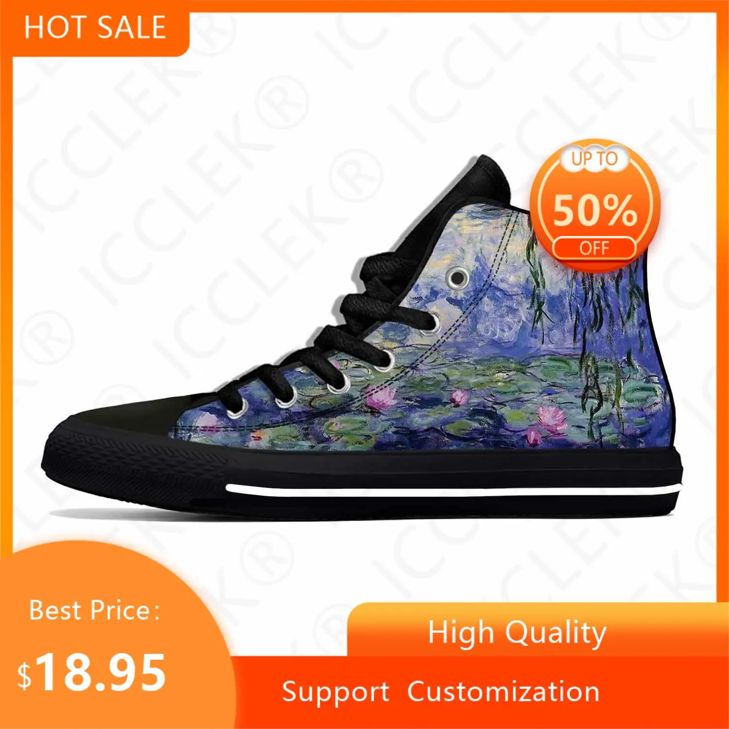 Hot Claude Monet Water Lily Pond Oil Painting Fashion Casual Shoe High Top Board Shoes Lightweight Mens Womens Sneakers