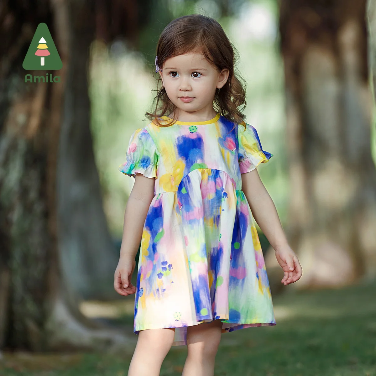Amila Baby Girl Dress 2023 Summer New 100% Cotton Cute French Romantic Monet Oil Painting Style Abiti Abbigliamento Per Bambini 0-6Y