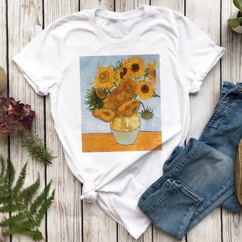 Van Gogh Sunflower Women T Shirt Summer Kawaii Female Tshirt Tops Art Oil Painting Clothing 90S Graphic Ladies Tee T-Shirt