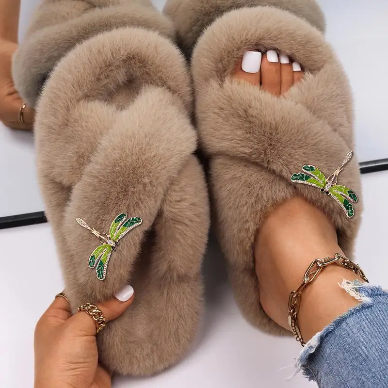 Pantofole Moda Donna Scivoli In Pelliccia Sintetica Lega Drip Oil Diamond Dragonfly Sandali Con Plateau Per Interni Soffici Infradito Scarpe Di Lusso