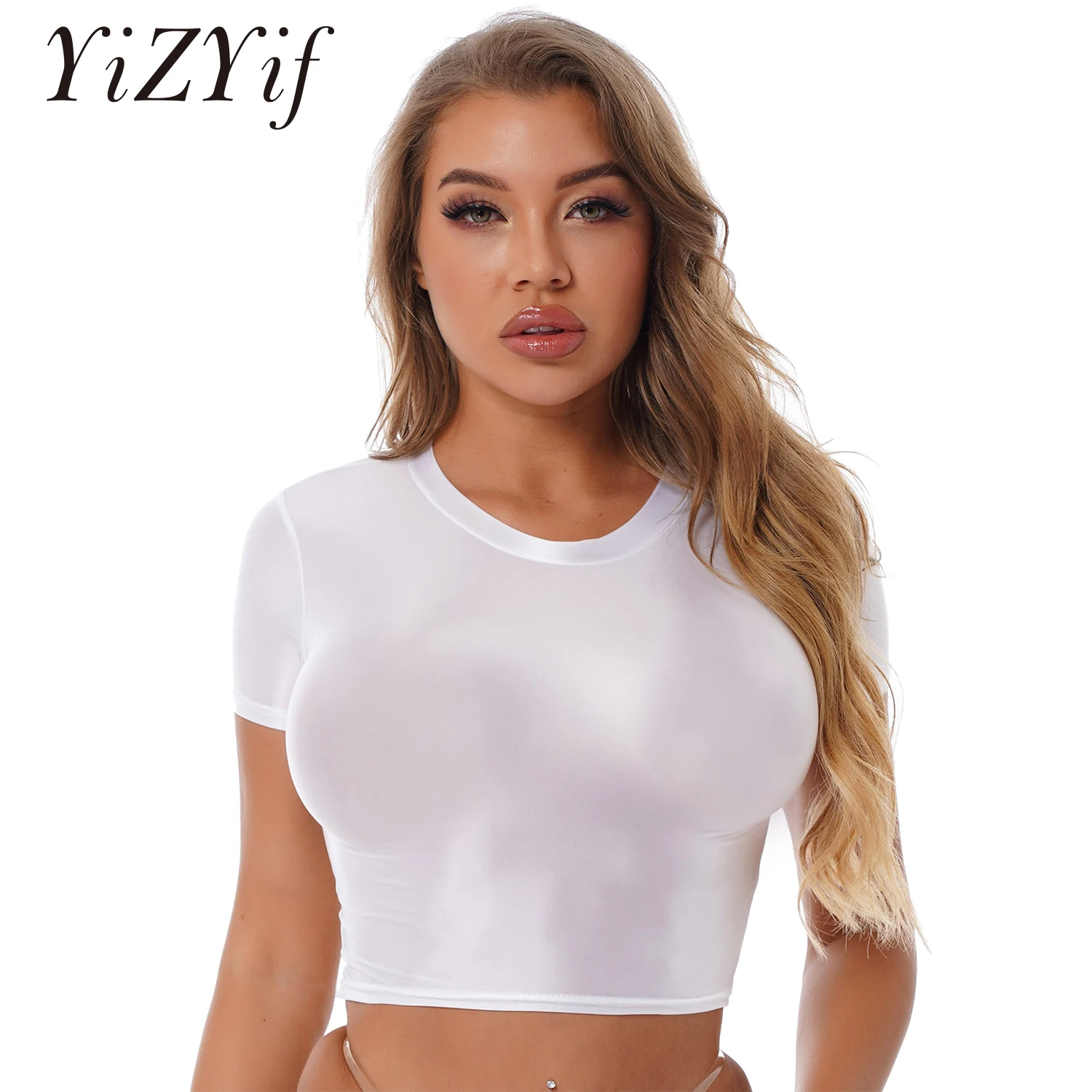 Donna Glossy Crop Top Oil Shiny Smooth Sports Fitness T-Shirt Tee Workout Cheer Booty Dance Tops Swimwear Clubwear Costume
