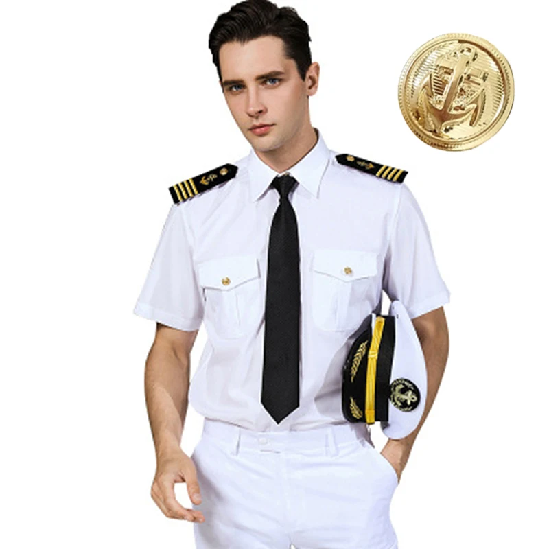 Super Quality Navy Uniforme Militare Yacht Captain Pilot Shirt Mens White Airline Pilot Uniforms