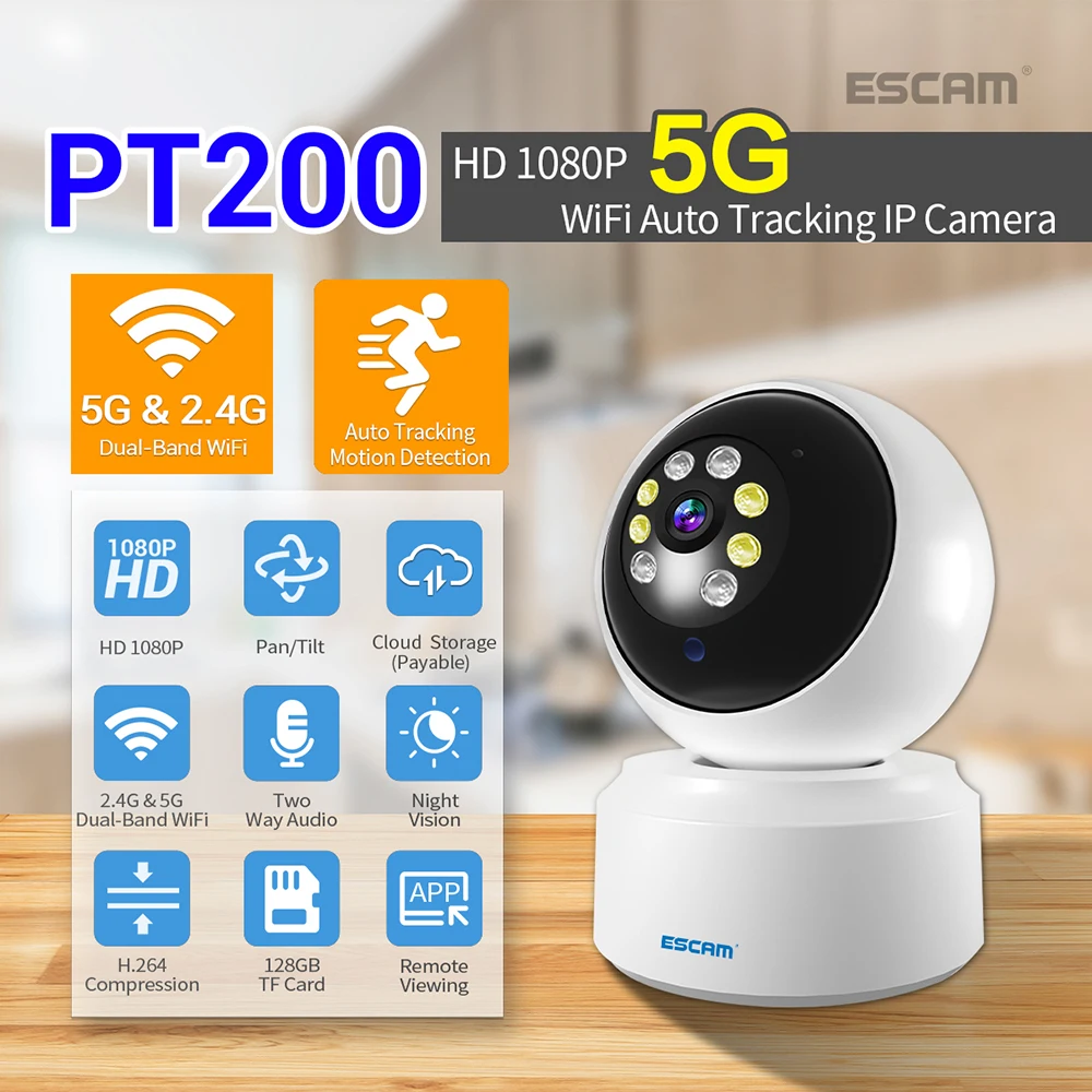 Escam Pt200 2.4G E 5G Dual Band Yi Lot App 2Mp 1080P Wireless Ptz Ip Dome Camera Intercom Baby Monitor