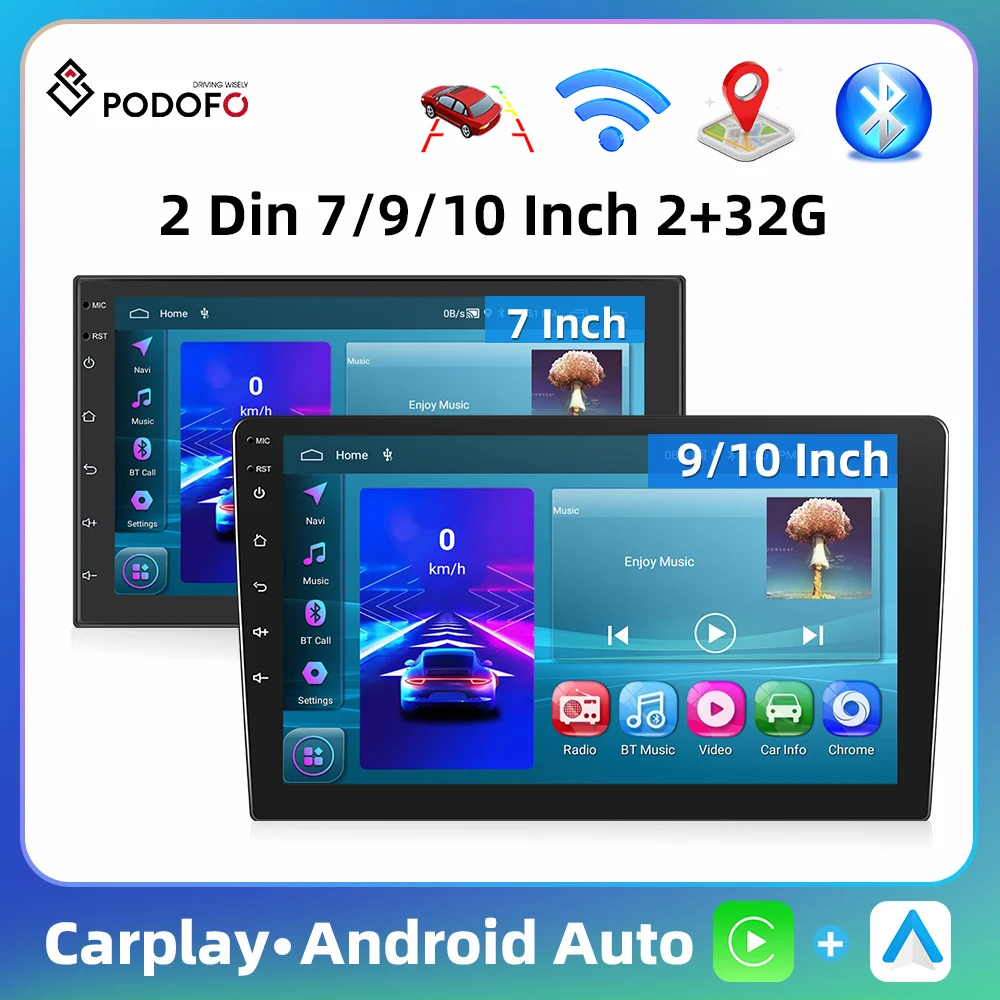 Podofo Carplay Android 11 Autoradio Radio Mp5 2 Din 7/9/10 ''Hd 1080P Android Auto Mirror Gps Bt Wifi Gps Rds/Ricevitore Radio Fm