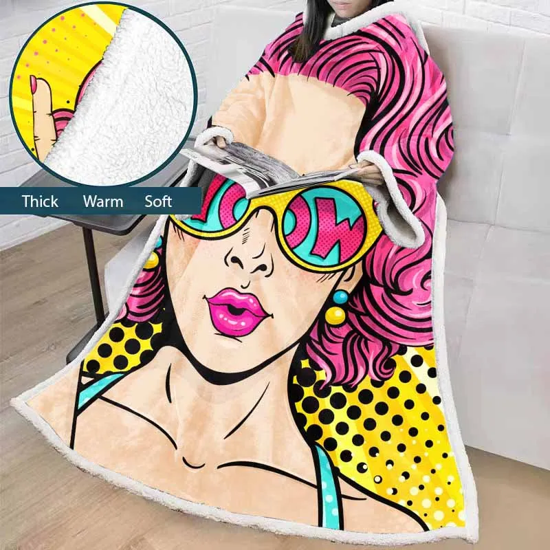 Lannidaa Creative Wow Women People Coperta Indossabile Con Maniche Fashion Comic Yellow Tv Coperta Morbida Peluche Nap Throw Coperta
