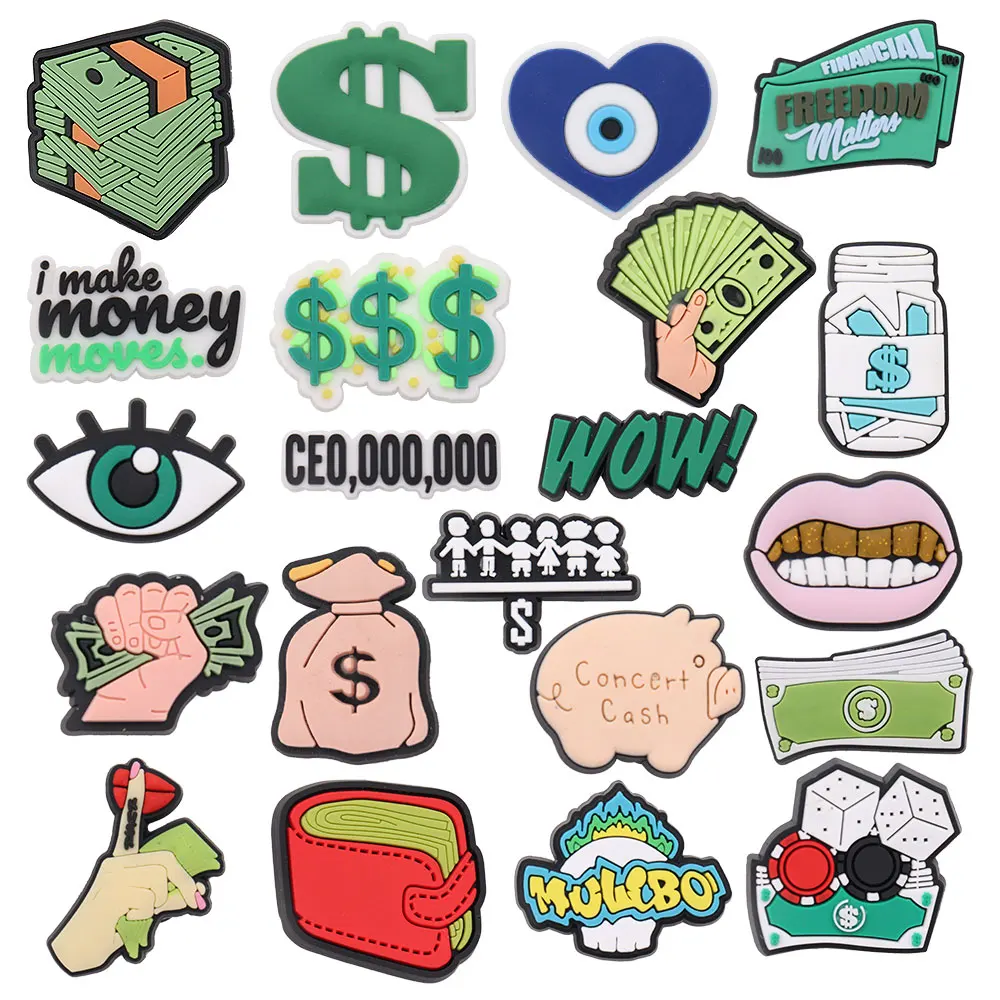 Nuovo 1 Pz Pvc Croc Charms Money Bag Finanziaria Freedom Matter Wow Dollar Pantofole Decorazione Scarpa Fibbia Zoccolo Braccialetti Fai Da Te