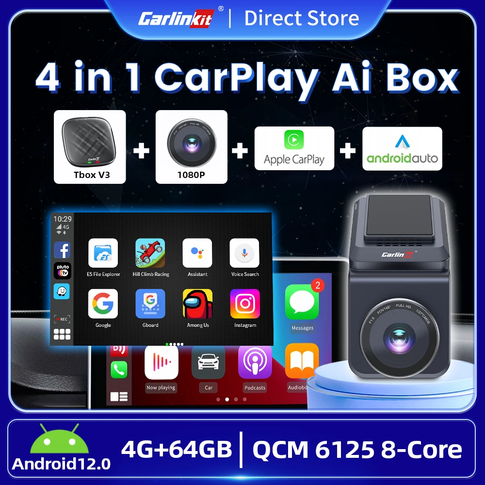 Wireless Carplay Ai Box Android 12 Sdm450 4G + 64G Carlinkit Carplay Android Ai Box 4G Lte Video App Installato Dashcam Integrato